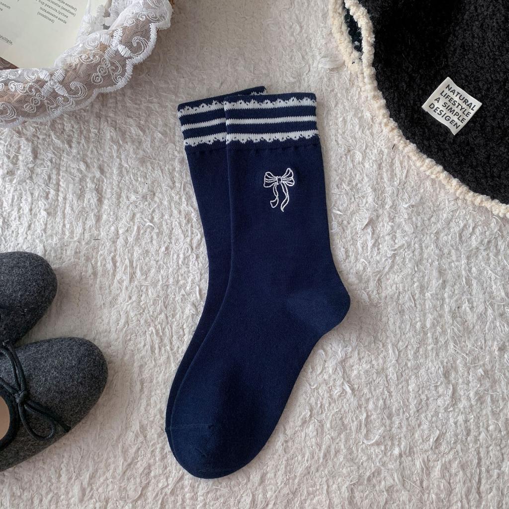 Bow Embroidered Socks Women'S Striped Lace Sweet Tube Socks Outer Lace Stacking Socks