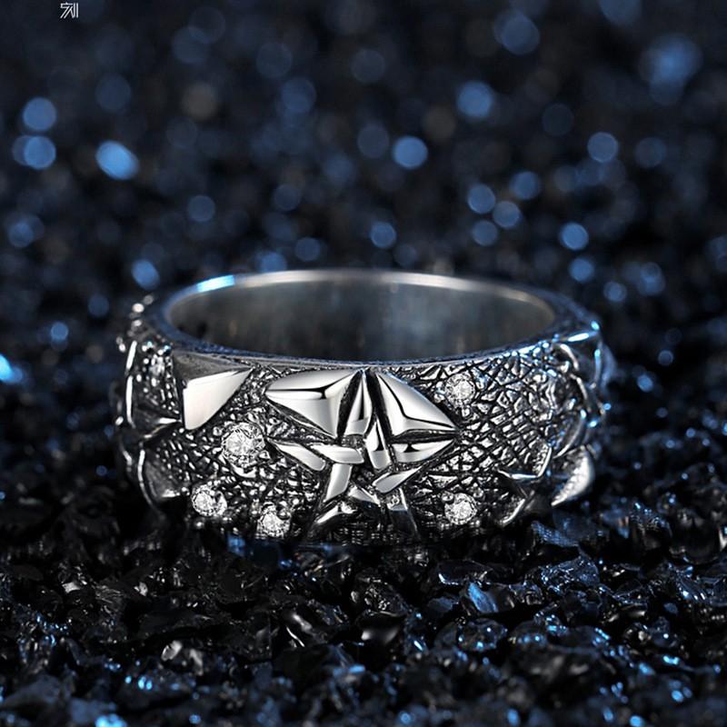 Adjustable Sterling Geometric Star Ring Men Women Hand-Set Crystal Accent Vintage Chic Finger Band