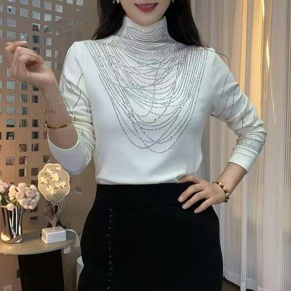 

Женская футболка в европейском стиле с полувысоким воротником и длинными рукавами, украшенная стразами L (101-112 lbs) грязно-белый