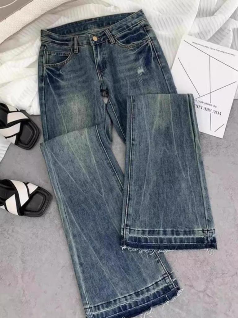 Damen Amerikanische Retro Niedrige Taille Bestickte Abgetragene Petite Schlagjeans
