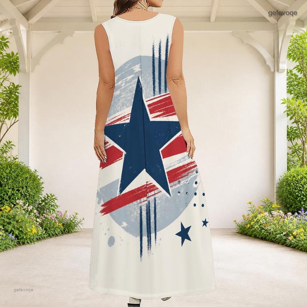 Women Plus Size Sleeveless Scoop Neck Eagle Star Print A Line Long Maxi Dress