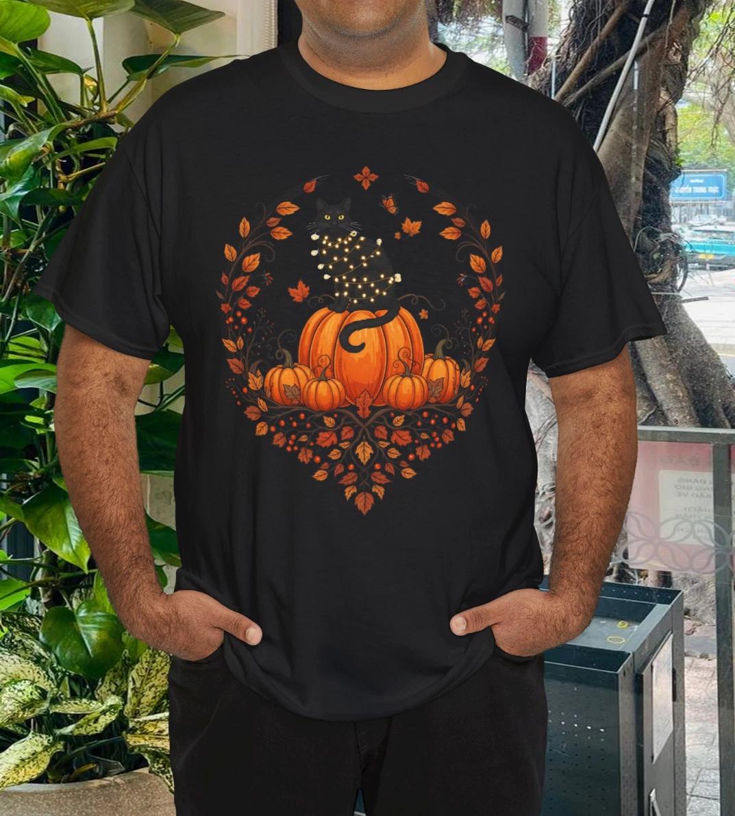 

Хэллоуинская кошка тыква рубашка осенние листья милый осенний графический футболка уютная футболка 4XL