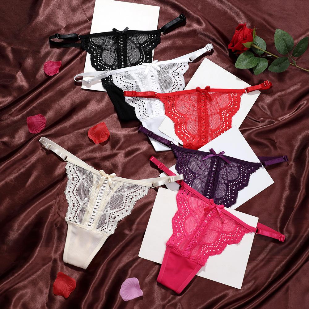 Women Thongs Lace Trim Elegant Sexy Adjustable Belt Panties Low Waist Butterfly Knot Ladies Transparent Mesh Lingeries