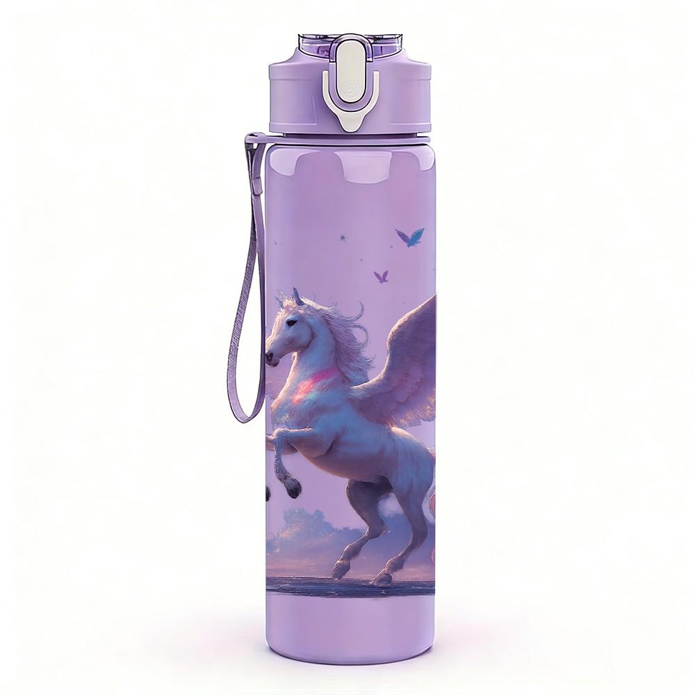 1PC Purple Pegasus Flying Fantasy Print 750ml Color Plastic Sports Water Bottle Leakproof Flip Straw Lid Suitable for Sports Office Home Use