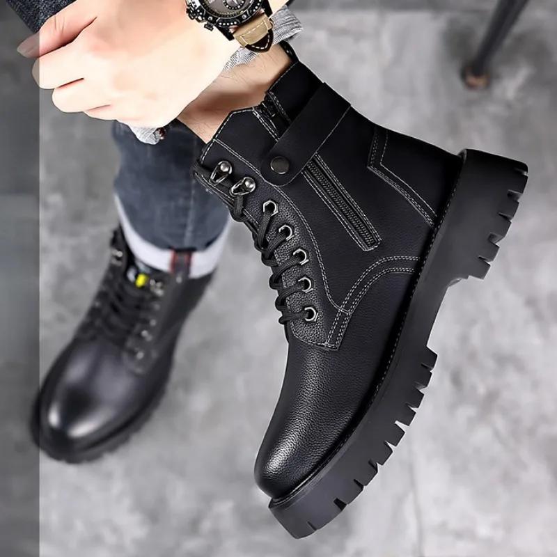 Mode Mode Kuhleder Plateau Herrenstiefel Designer Weichsohle Lässig Herbst Winter Baumwollschuhe Schwarz Motorradstiefel für Herren