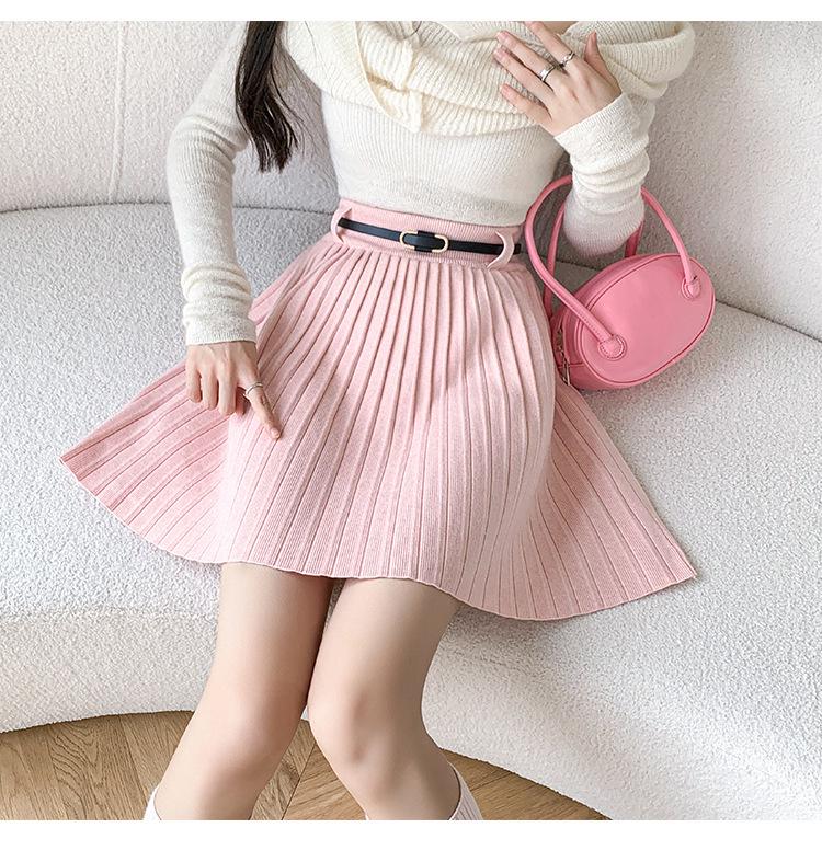 Minirock aus plissiertem Strick mit hoher Taille und Gürtel - Vielseitig, schlankmachend, elastische A-Linie für den Herbst