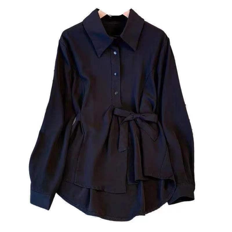 Bowknot Lace-up Women's Shirt All Season Solid Color Bright Thread Decorated Tops Temperament Turn Down Collar Clothes