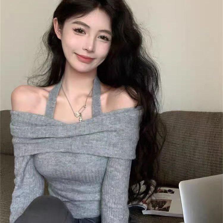 

Осенне-зимний вязаный топ с открытыми плечами и халтером для женщин M (Recommended 45-48 kg)