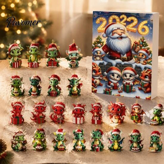 Holiday Hanging Ornaments Dragon Advent Calendars 2026, 24 Days Christmas Countdown Calendar with Surprise Gifts for Kids 2D Acrylic Ornaments,