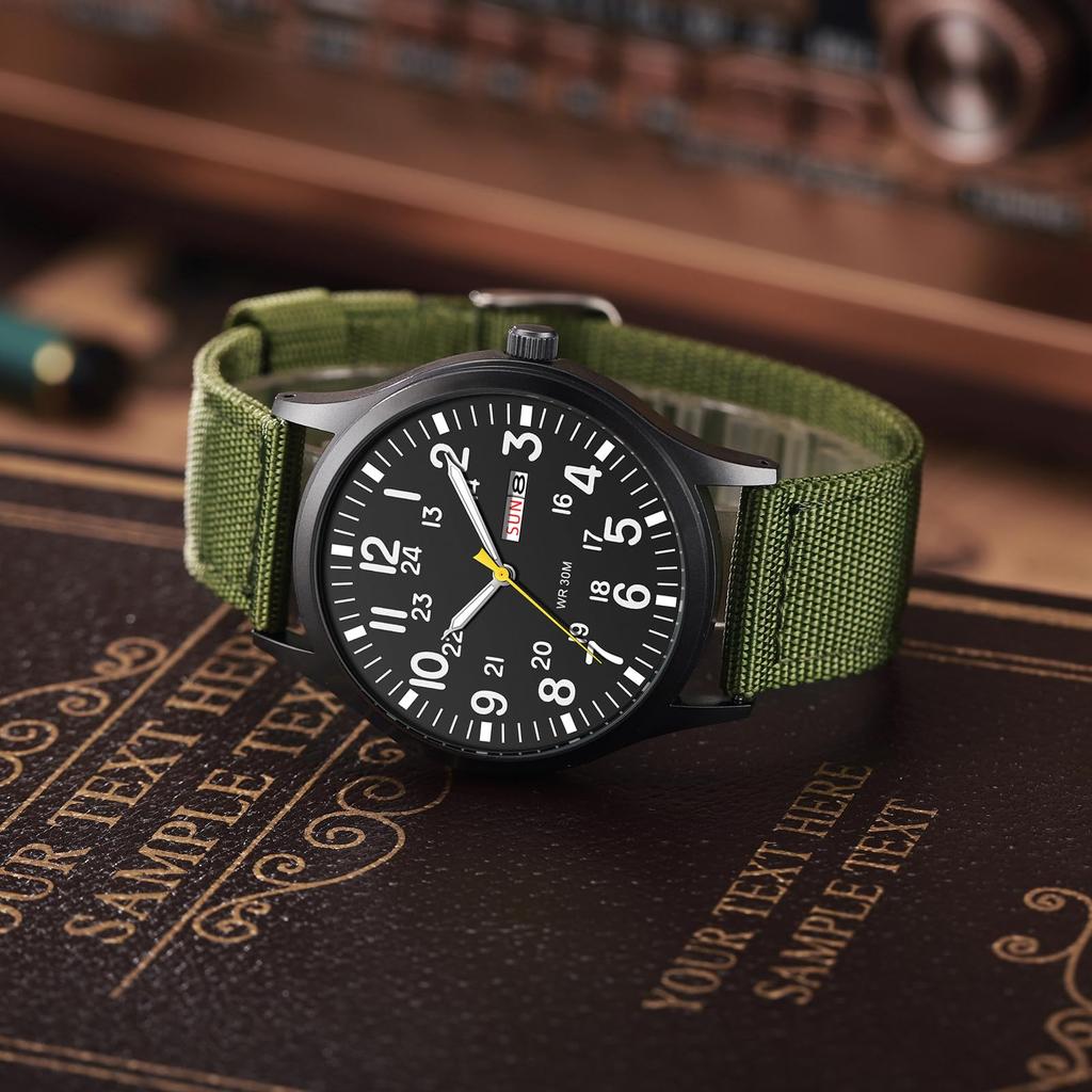 Men's Military Watch with Nylon Strap, Waterproof, Luminous Analog Display, Calendar, Upgraded Edition, Simple and Stylish Sports Watch, 1224 Quartz
