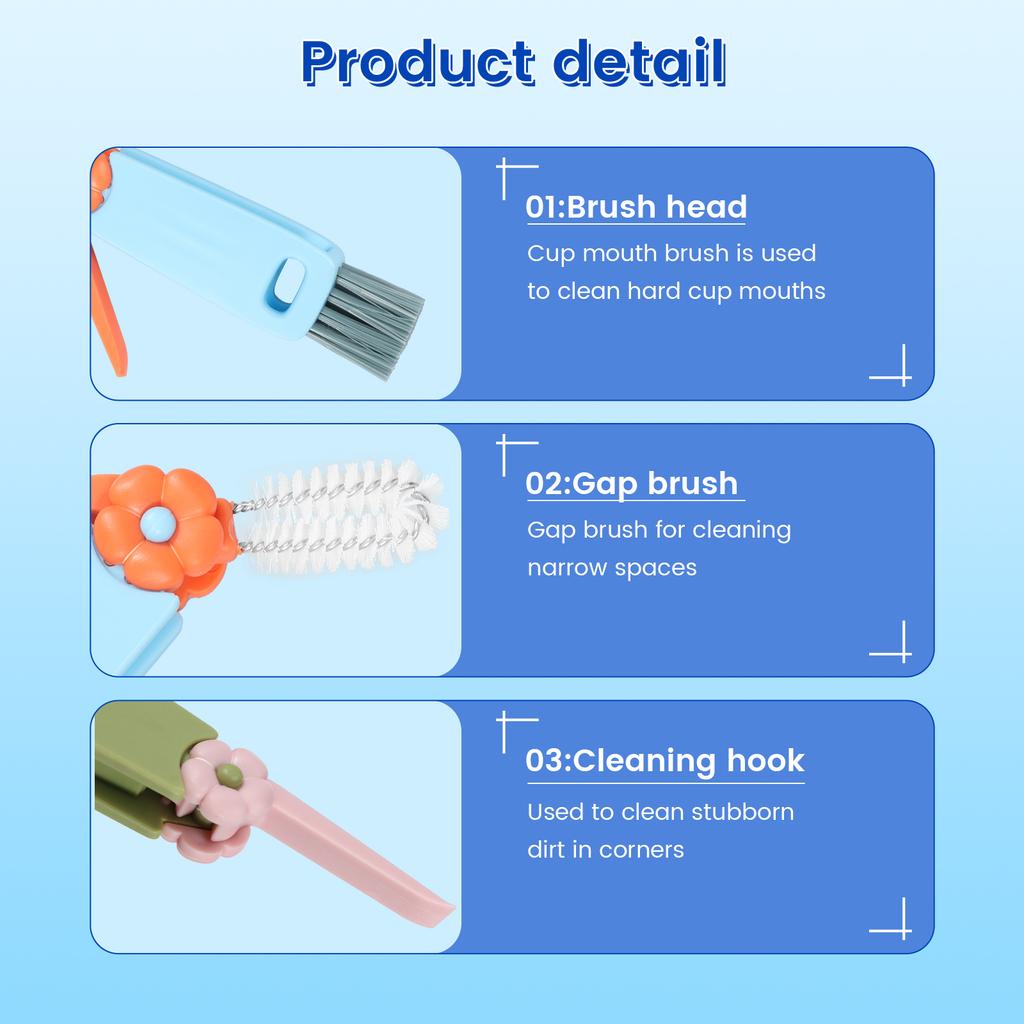6Pcs Bottle Gap Cleaning Brush 3 In 1 Cup Crevice Cleaner Portable Cup Lid Cleaning Brush for Home Kitchen Glasses Milk Bottles