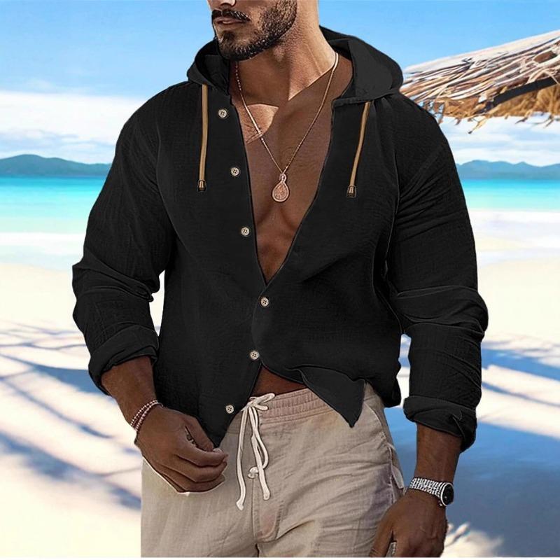 New Spring Summer Men's Hooded Inch Shirt Solid Color Cotton Linen Men's Casual Long-sleeved Button Spliced Hooded Top