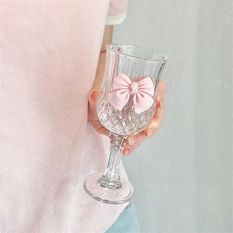 Nordic Style Court Goblet Niche Design Bow Decoration Glass Simple Household Whisky Glass Beverage Juice Dessert Cup Drinkware
