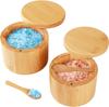Bamboo Salt Cellar, 2 PCS Salt Container with Built-in Spoon, Salt Box Bowl with Magnetic Swivel Lid, Elegant Kitchen Salt Holder Saver Jar To Storage