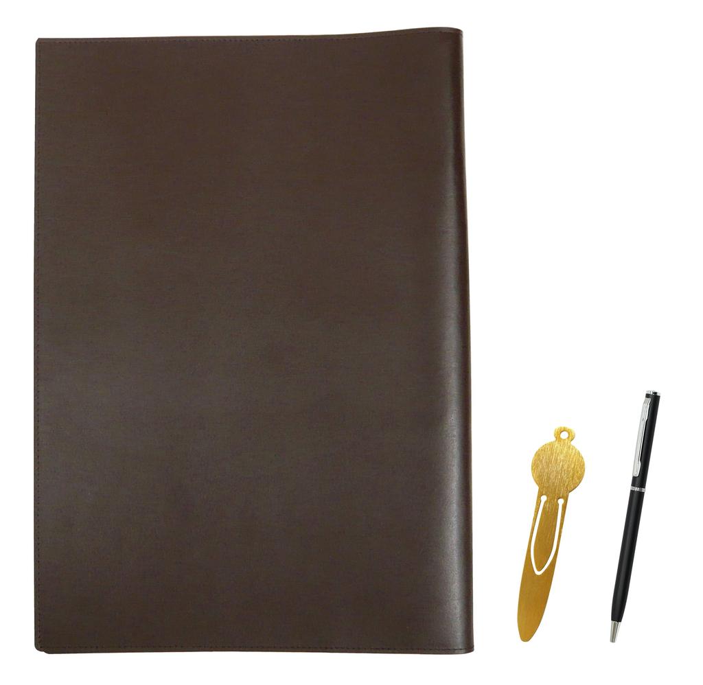 Brown Recycled Cowhide A4 Book and Notebook Cover with Metal Bookmark and Black Slim Retractable Ballpoint Pen Set (NKK01-A4-014C-PD04-B)