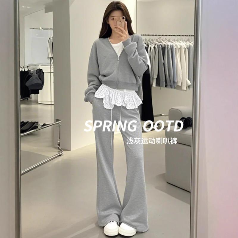 Gray sweatpants women's new spring and autumn high-waisted and thin flared pants small casual micro-sweatpants