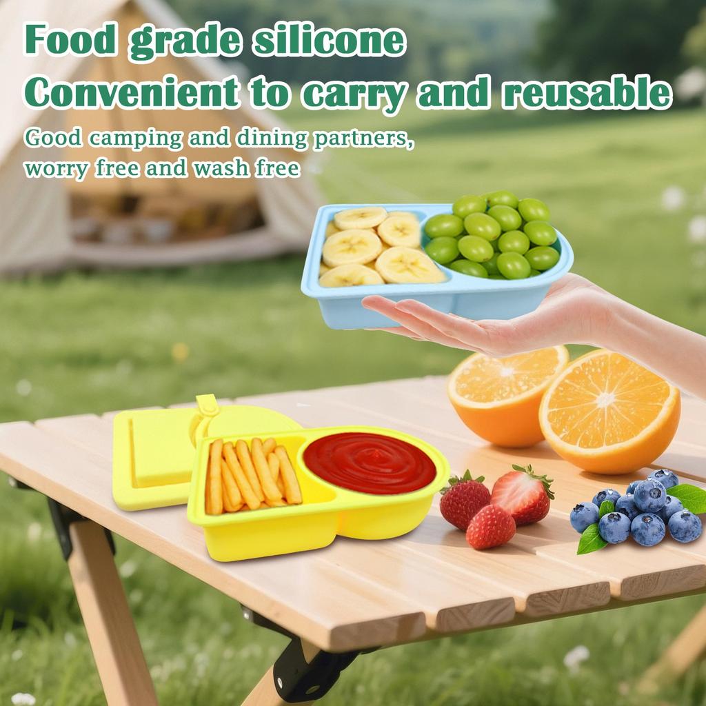 Silicone Reusable Snack Box With Lid, Double Compartment Snack Box, Dressing Condiment Box