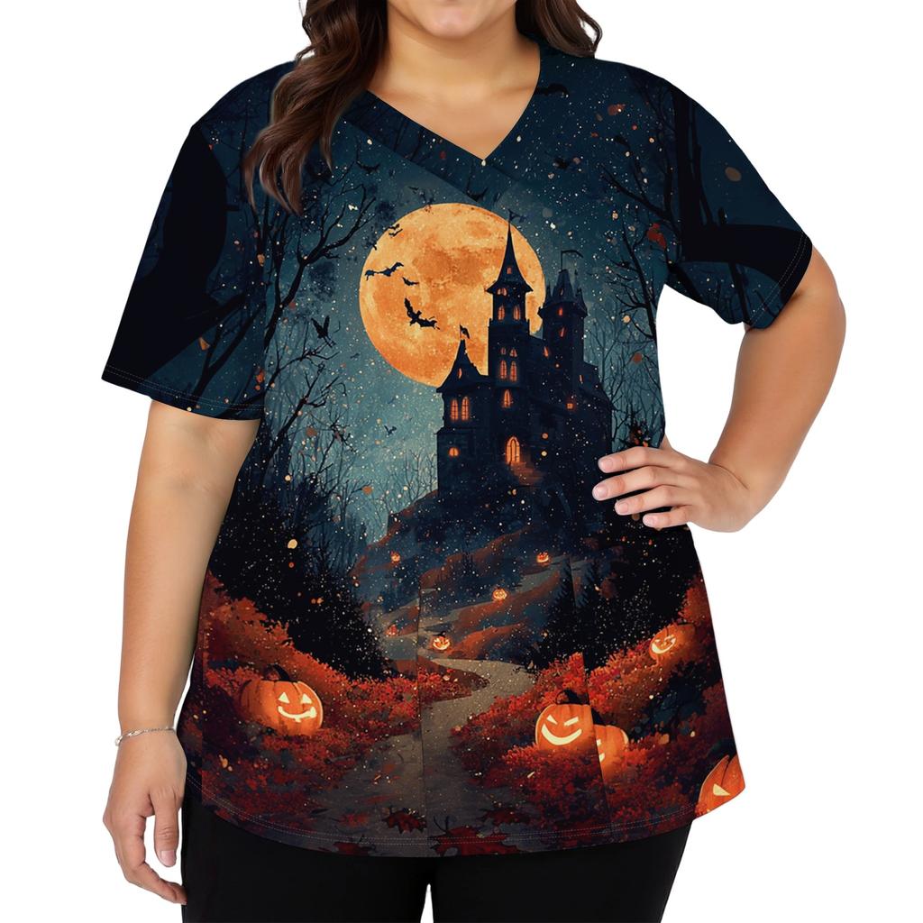 Women's V Neck Short Sleeve Work Shirt with Side Slits and Pockets Halloween Themed Printed Top Suitable for Casual and Professional Wear