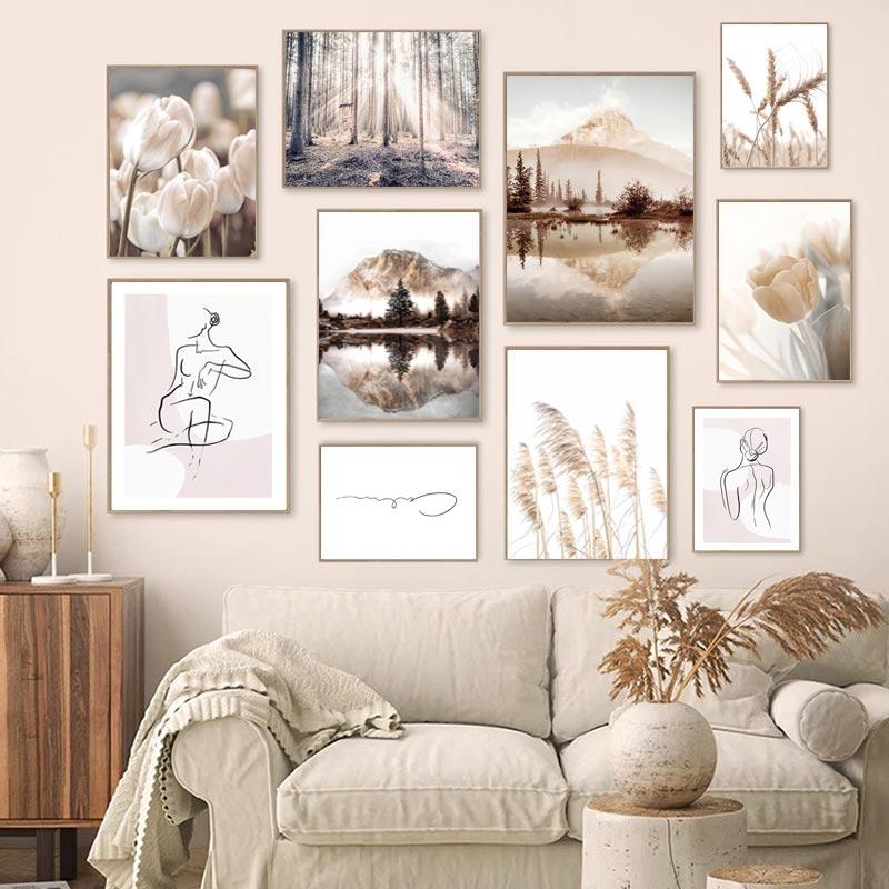 Naturlandschaft Landschaft Wandkunst Leinwand Poster und Druck Malerei Blume Gras Sonnenschein Nebel Bild Home Decorfor Wohnzimmer
