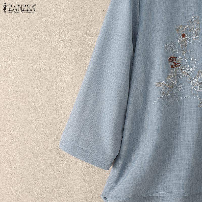ZANZEA Women Embroidery Print Casual Round Neck Long Sleeve Blouse