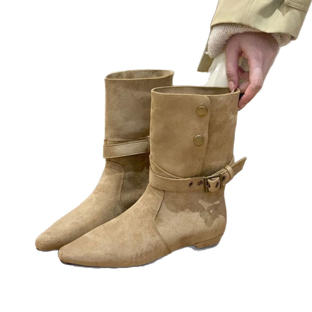 Coarse Heel Suede Medium Boots Women's 2025 Autumn and Winter Retro Spice Girl Style Western Cowboy Boots with Skirt Skinny Boots Short Boots