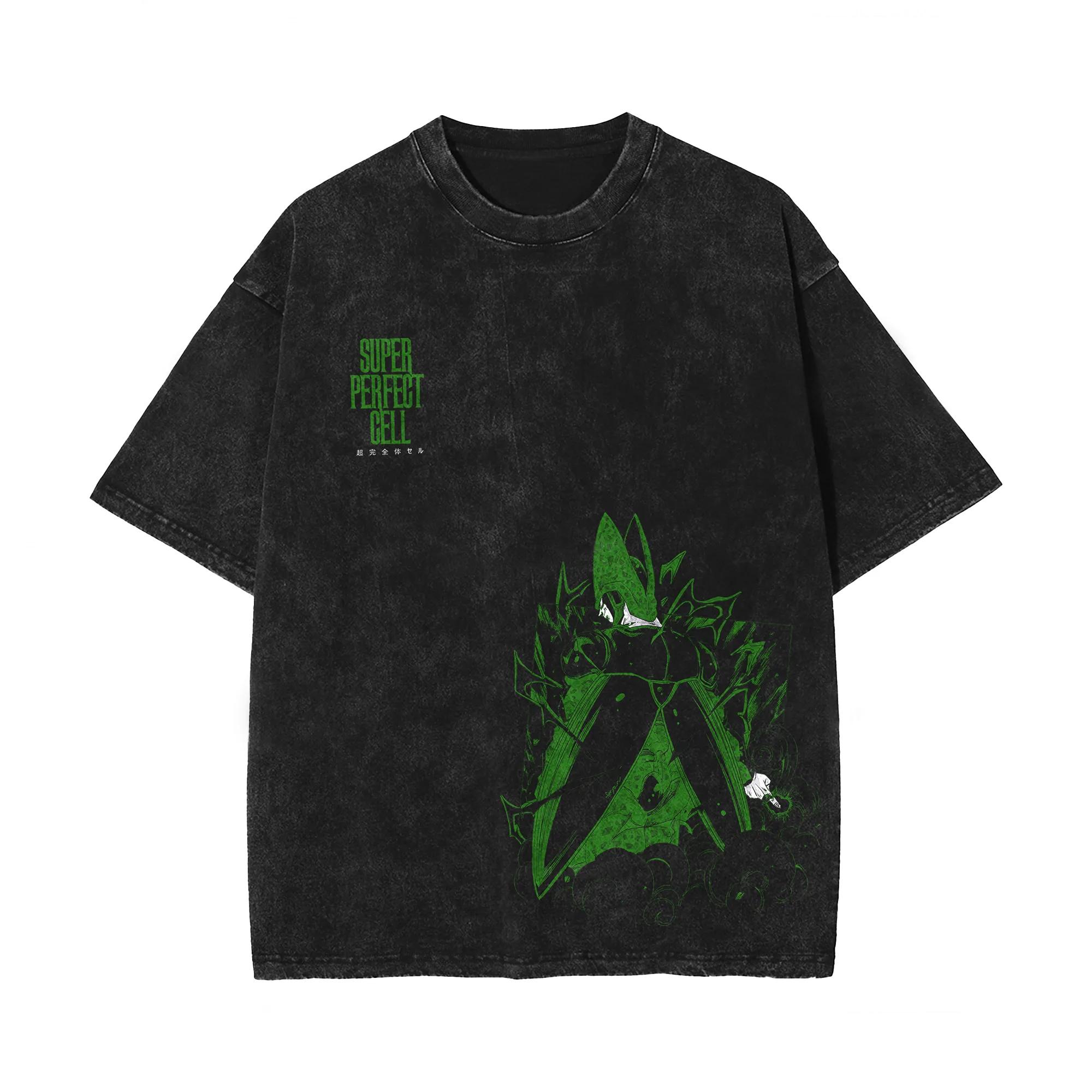 

Super Perfect Cell T Shirt Men Acid Wash Oversized Anime Green Aura Cotton Vintage Gym Streetwear Villain Graphic Bottom Tee M