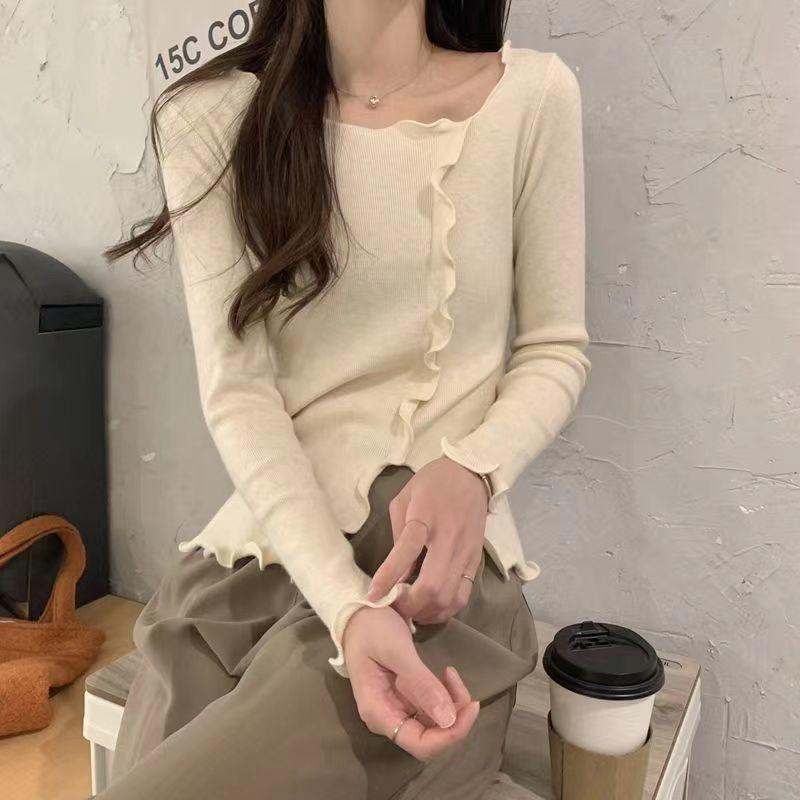 Asymmetric Long Sleeve Top Knit Base Layer for Women Autumn Thin Slim Fit Short Split Inner Wear Hot Girl Top