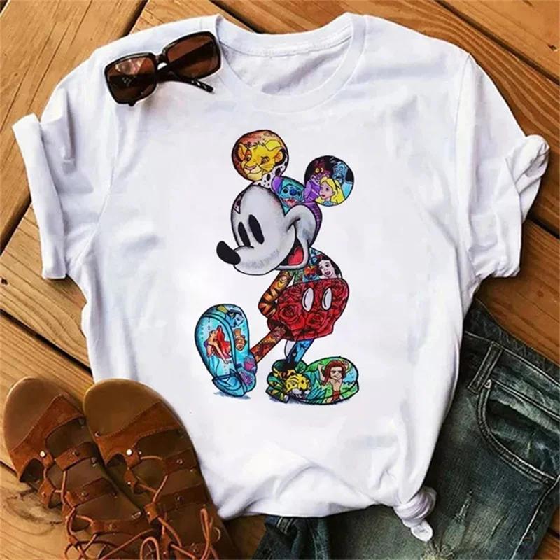 Fashion Cute Disney Mickey Minnie Cartoon Graphic Printed Women T-Shirt Casual O-Neck Short Sleeves Streetwear Female Tops Tees