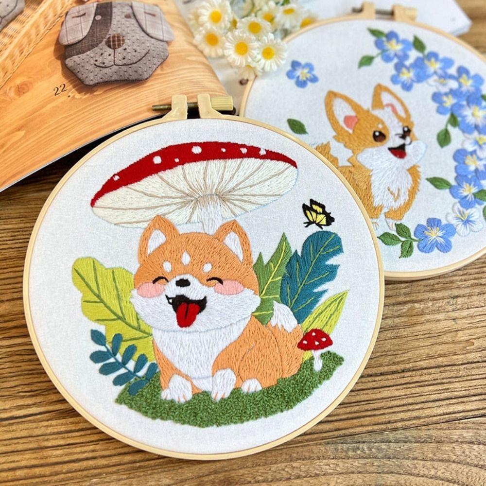 Floral Patterns Dog Embroidery Kit Corgi Embroidery Set Home Decor Cross Stitch Set Beginner