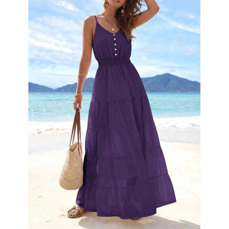 Europe, America 2026 Summer New Simple High Waist and Thin Casual Beach Vacation Suspender Dress