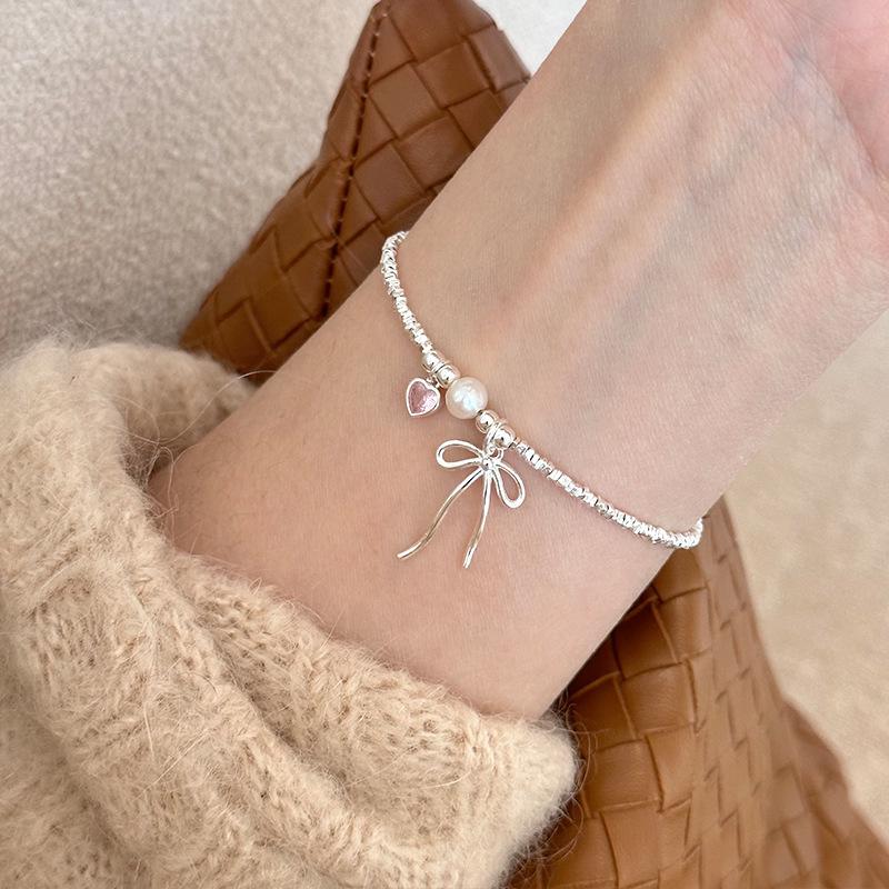 925 Sterling Silver Pink Heart Bow Pearl Bracelet for Women