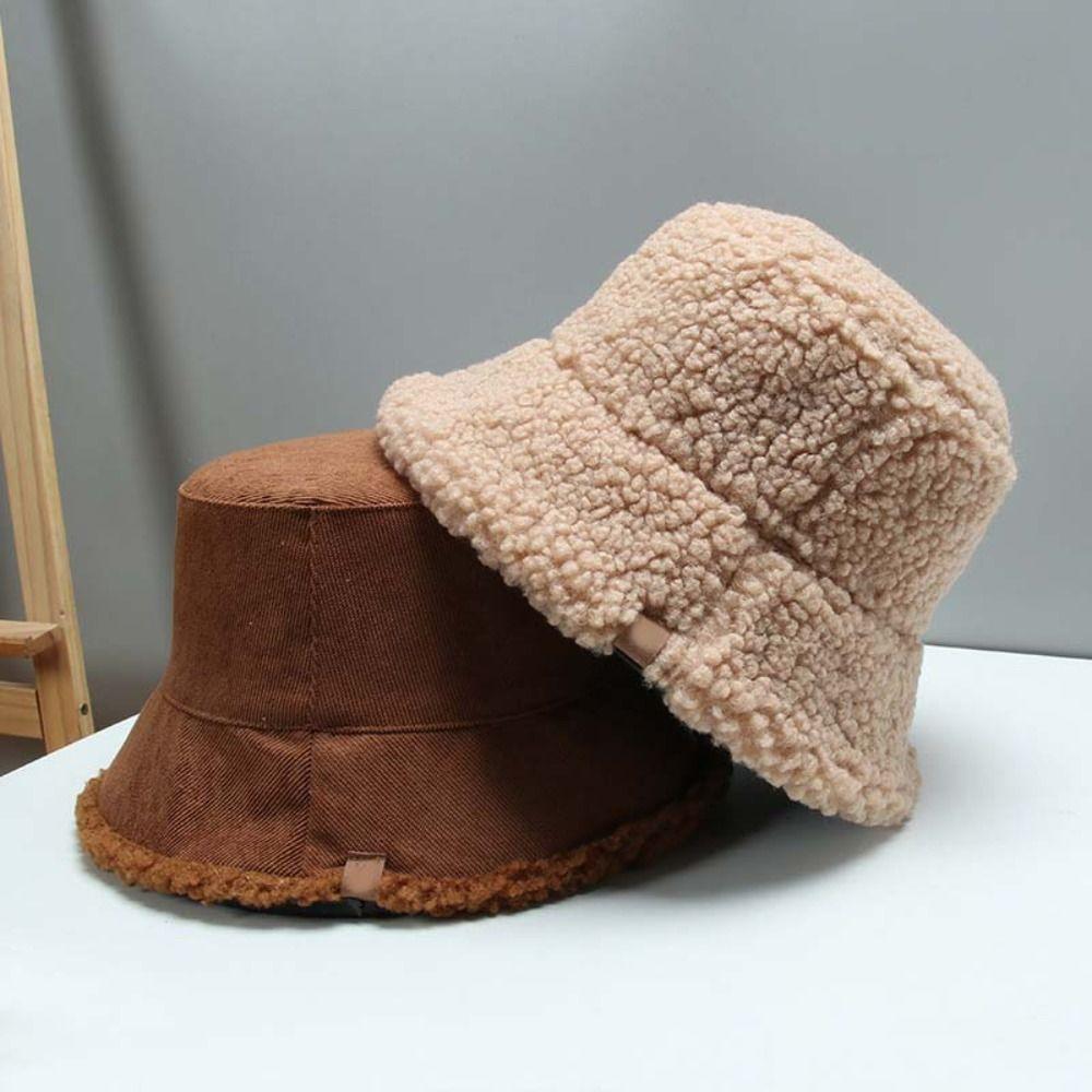 Simple Pure Color Warm Caps Casual Female Hats Winter Portable Lamb Wool Bucket Hat  Girl