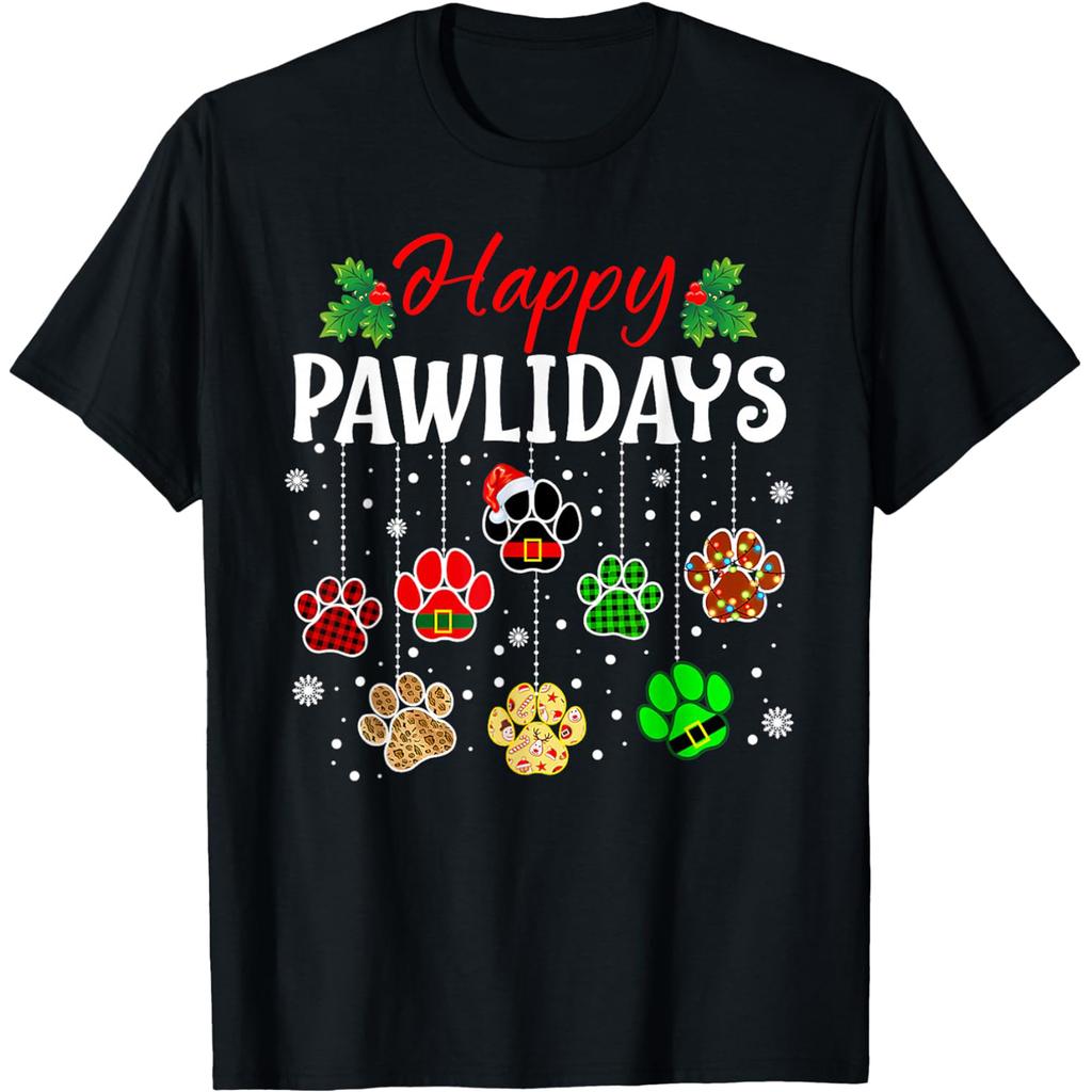 Dog Paws Print Christmas Tree Lights Dog Lover T Shirts Men Cotton Humor Streetwear Tee Shirt Short Sleeve Unisex Loose Clothing