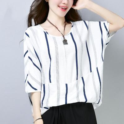 Top Fünf-Viertel-Ärmel für Damen-Sommerbekleidung Neues Fettes Mm Lockeres Slim Fledermaus-Shirt Lässiges Eis-Seide Gestreiftes T-Shirt für Damen