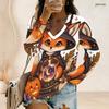 Women Plus Size V Neck Long Sleeve Halloween Panda Ghost Print Top Button Detail Curved Hem