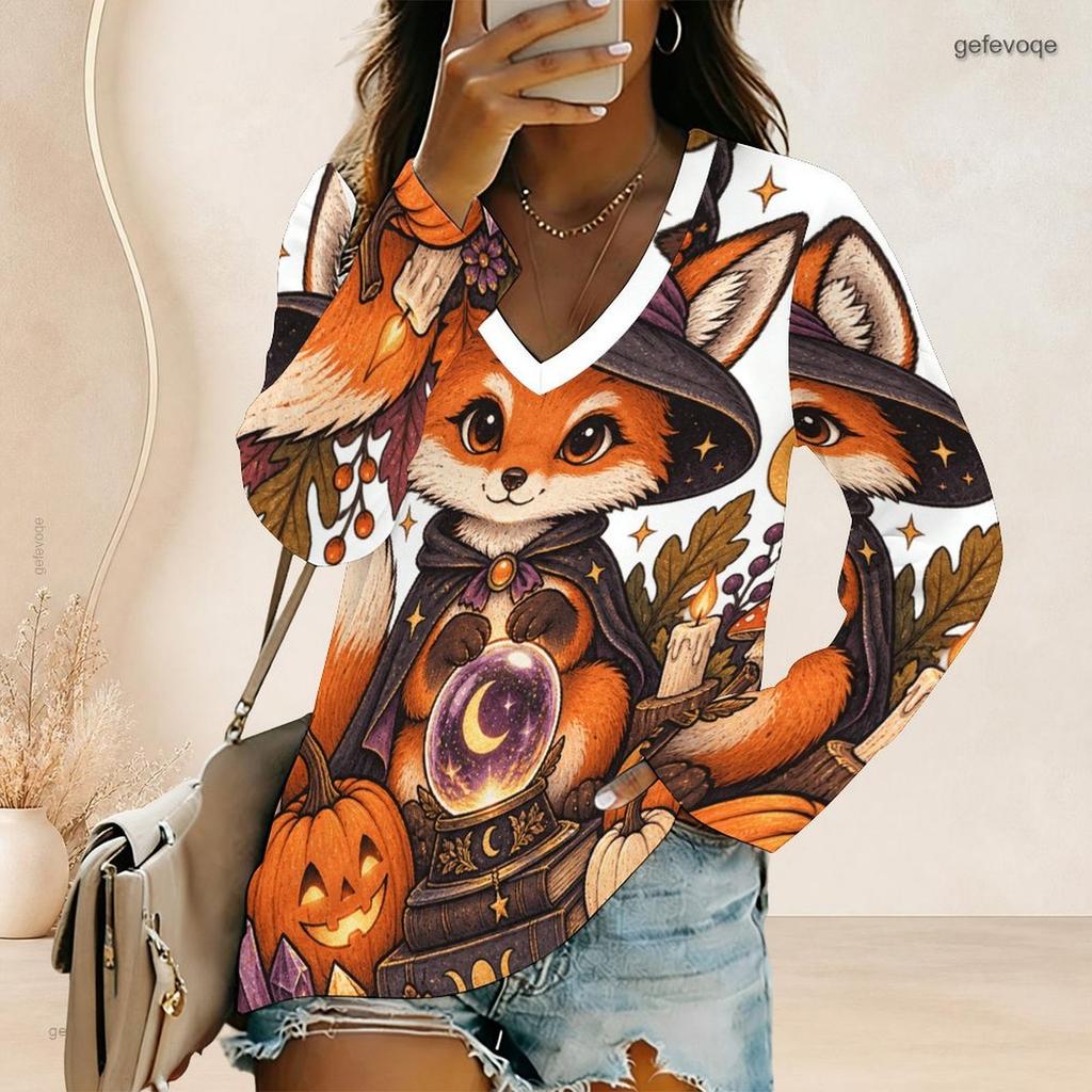 Women Plus Size V Neck Long Sleeve Halloween Panda Ghost Print Top Button Detail Curved Hem