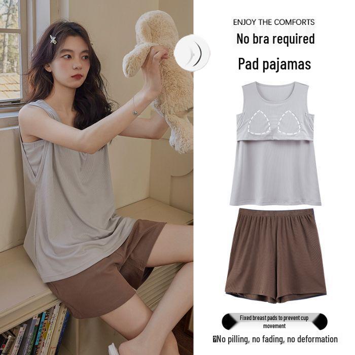 

2025 Летний женский пижамный комплект из прохладного ледяного шелка в рубчик с майкой-танком с нагрудными вкладышами - Летний однотонный L - Large