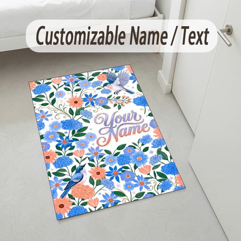 Floral Birds Artwork Theme Soft Crystal Velvet Rug Custom Name & Text Print Non Slip Floor Rug for Bedroom Living Room