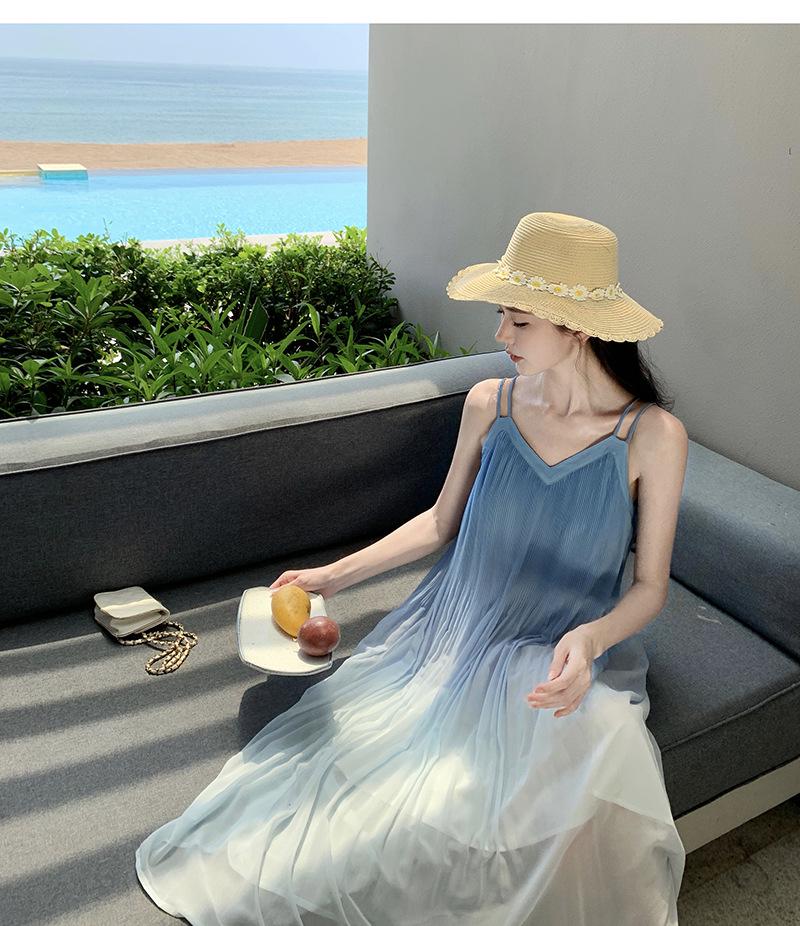 Women's French Seaside Gradient Spaghetti Strap Long Dress - Summer Sleeveless Sea Wave Style