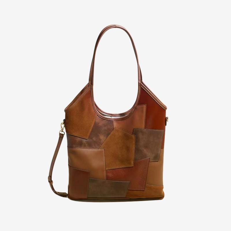 

Women s Bag Mijia s Same Style Spliced Retro Tote Top Layer Cowhide HOBO Large-capacity Genuine Leather Single-shoulder Underarm