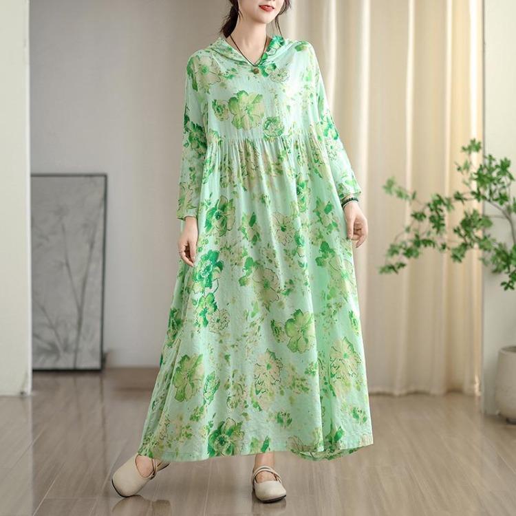 Women Plus Size Floral Print Maxi Dress Casual Loose Long Sleeve O Neck Oversize Long Hat Dress 8109