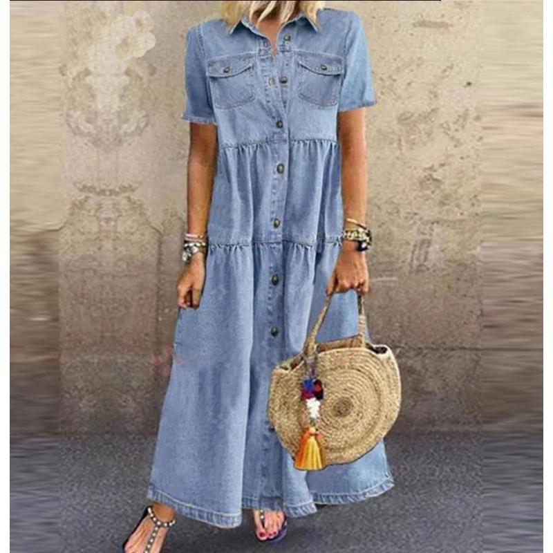 European-American Multi-Button Distressed Denim Dress