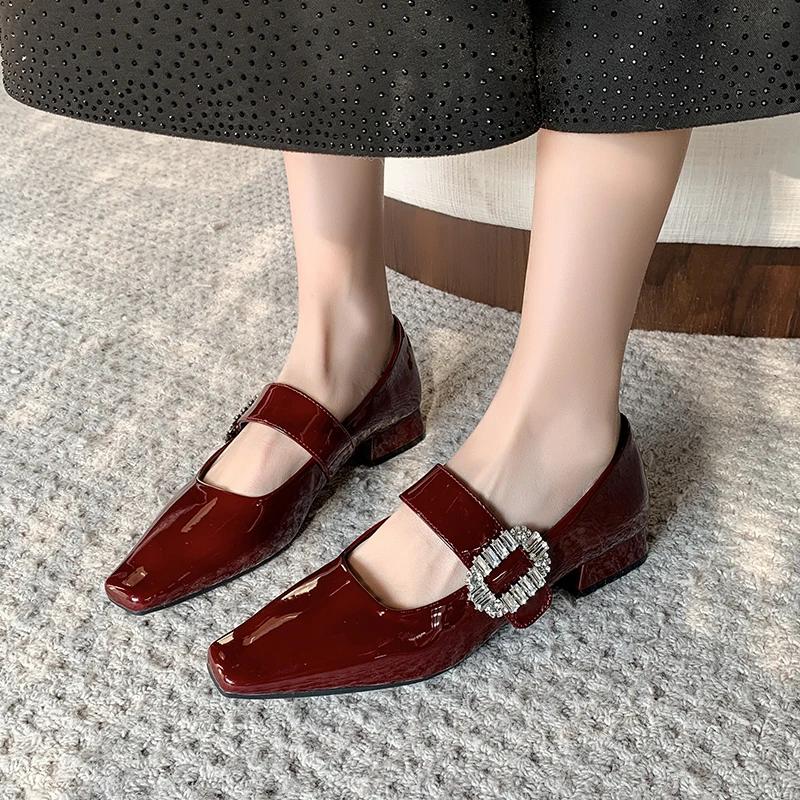 Fashion Clearing Warehouse Mary Janes Shoes for Women Leather Shoes Low Heels Black Leather Rhinestone Buckle Soft Comfortable Pumps