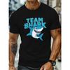 European Size Men'S Team Shark Graphic T-Shirt, Casual Crew Neck, Short Sleeve, Cotton Knit Fabric with Slight Stretch, Geometric-Pattern, Regular Fit