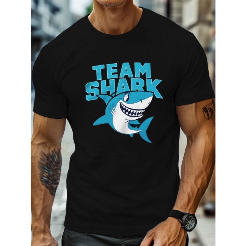 European Size Men'S Team Shark Graphic T-Shirt, Casual Crew Neck, Short Sleeve, Cotton Knit Fabric with Slight Stretch, Geometric-Pattern, Regular Fit
