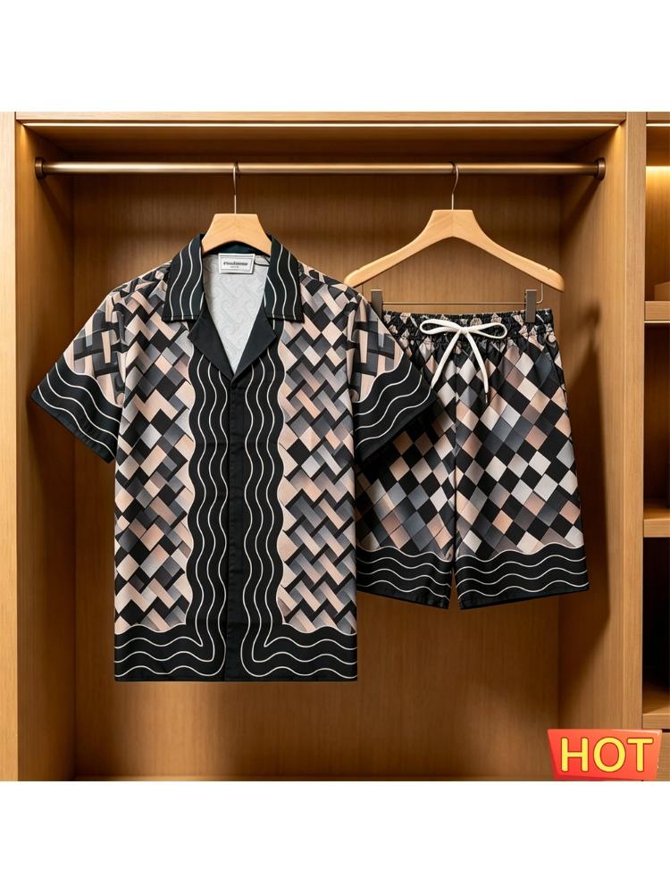 Men's Summer Set: Stylish 3D Striped Print Short Sleeve Shirt and Shorts