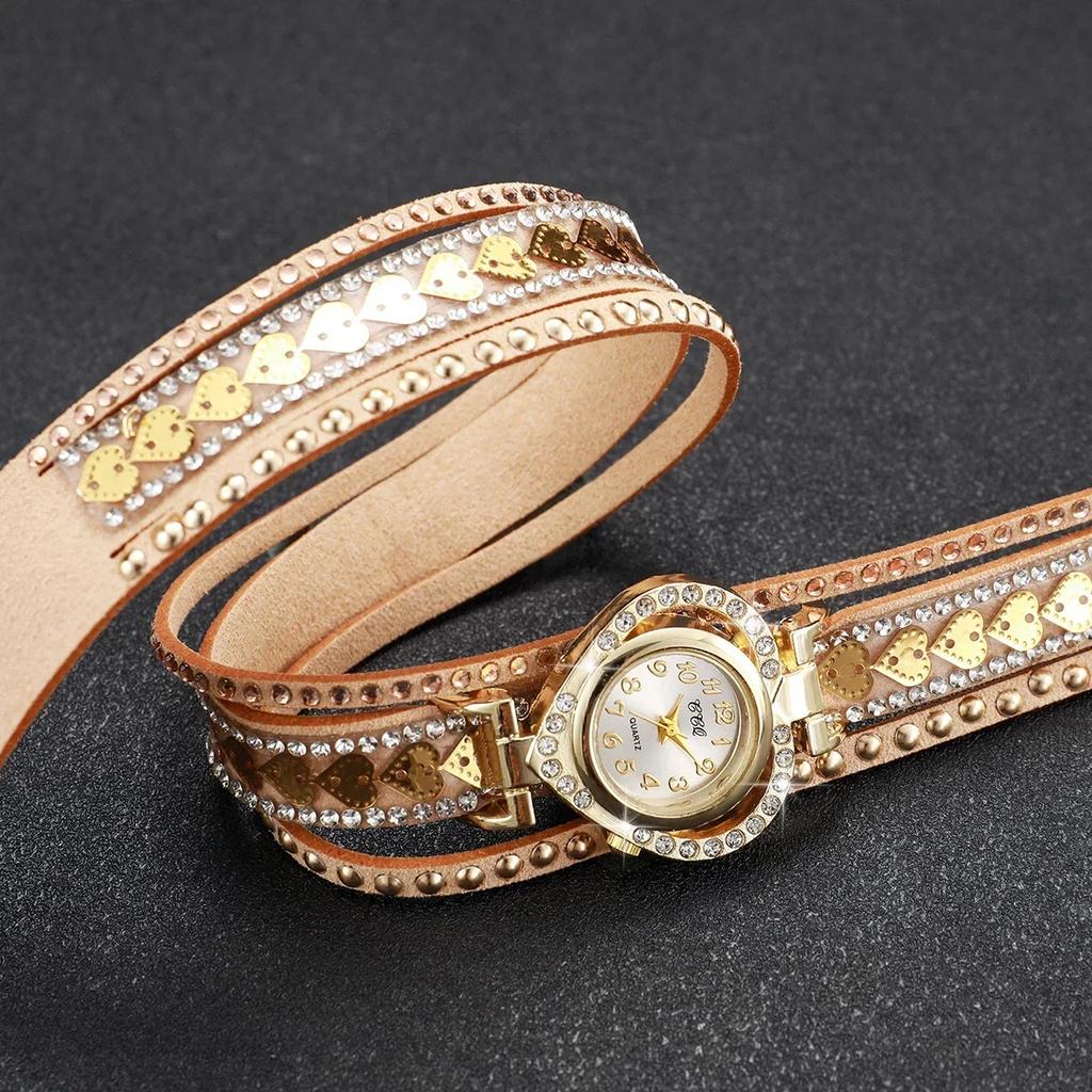 Fashion Rhinestone Women's Watch Long Leather Bracelet Quartz Watches
