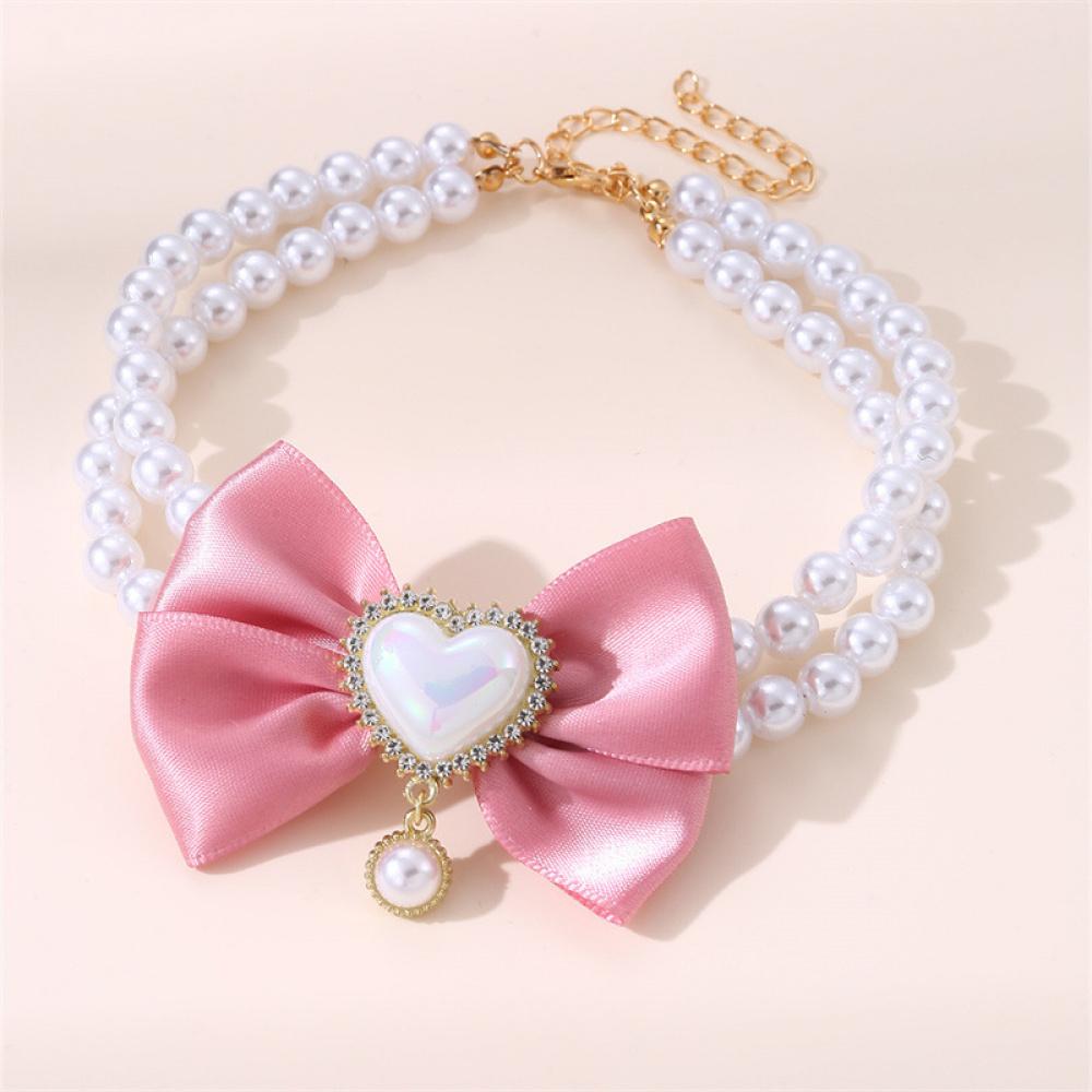 1PC Charming Double Pearl Bow Necklace for Small and Medium Sized Pets with Cute Heart-shaped Pendant