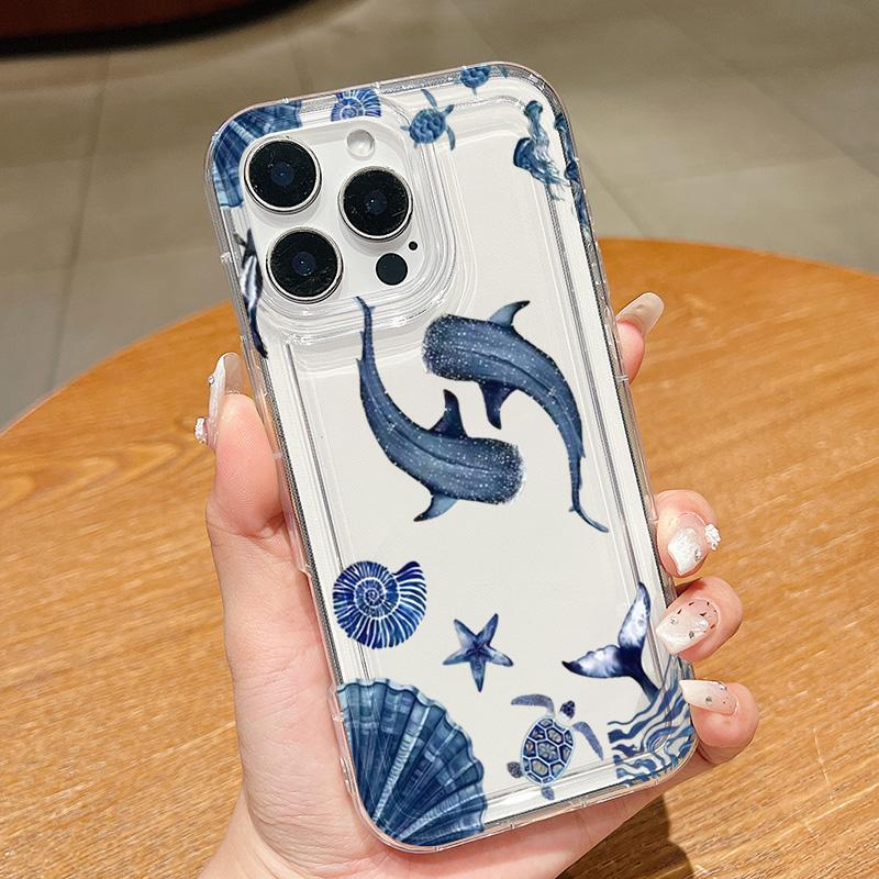 Two Blue Whales Shell Pattern Phone Case For iPhone 11 12 13 14 15 16 17 Pro Max Plus X XS XR XS MAX 16E 17Air Soft Clear Cover
