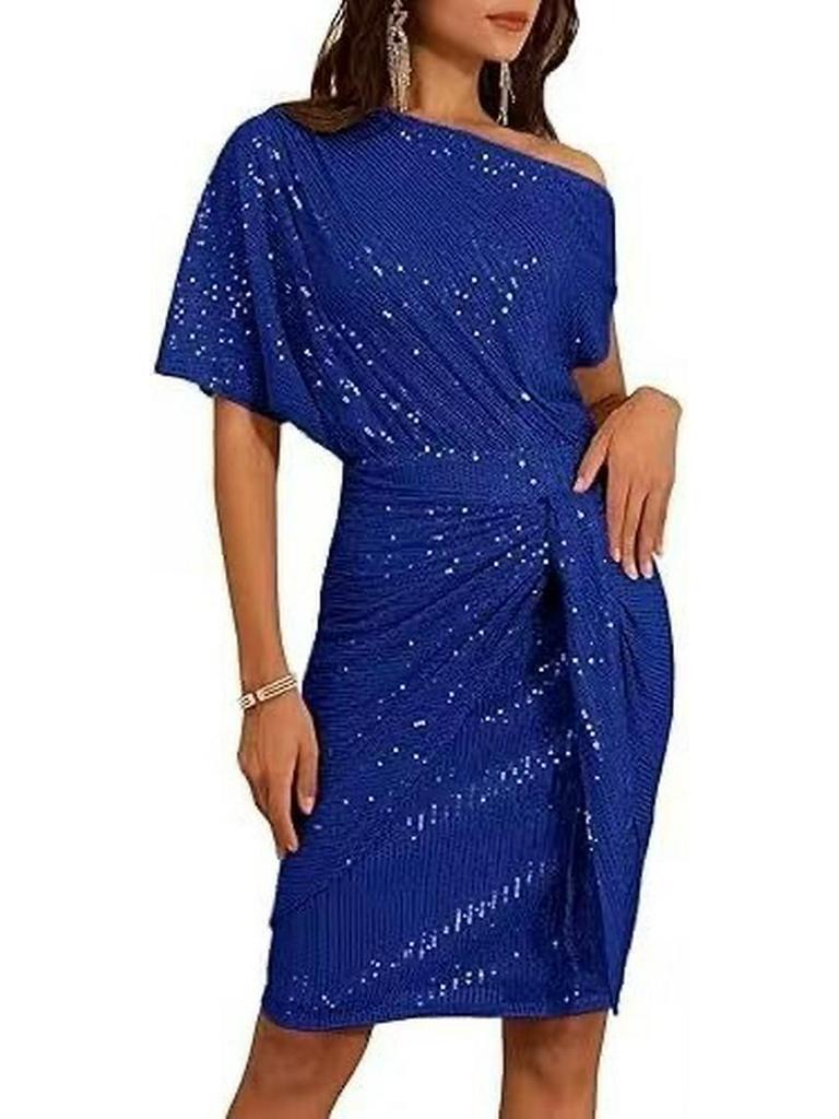 Shiny Sequin Trim One-Shoulder Beaded Mesh Formal Dress for Women